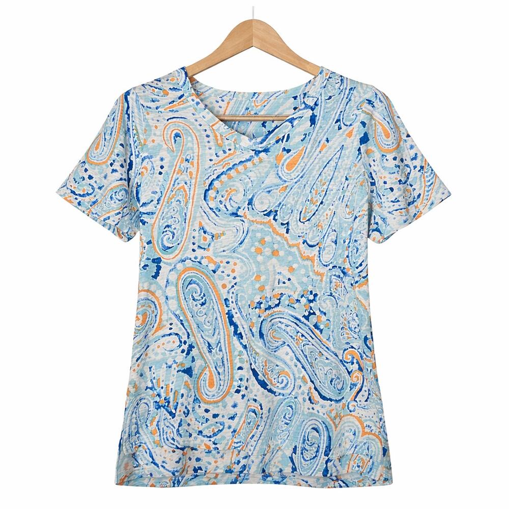 Chicos Top Womens Size Large Paisley Print Short Sleeve Cotton Modal Blend